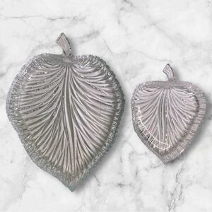 Crystal Glass Leaf Ribbed Platter Dish (1 Large/1 Small) Heavy Thick Set Of 2